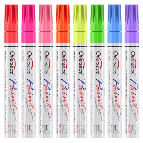 Overseas Neon Fluorescent Paint Marker Pens - 8 Colors Oil-Based Paint Markers Medium Tip Quick Drying and Waterproof Permanent UV Marker for Plastic Glass Rock Wood Canvas Metal Pumpkin