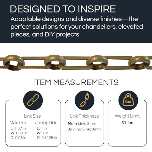 Image of RCH Hardware CH-10-AD Decorative Solid Brass Chain for Hanging, Lighting with Rectangular Cut Edge and Unwelded Links, 1'