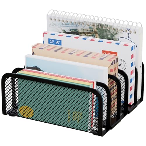 GDINDINFAN Mail Organizer Countertop, Metal File Holder with 5-Slot, Small Desk File Organizer for Letter, Bill, Mail Sorter, Desktop Letter Folder Holders for Office, Home, School (Black)