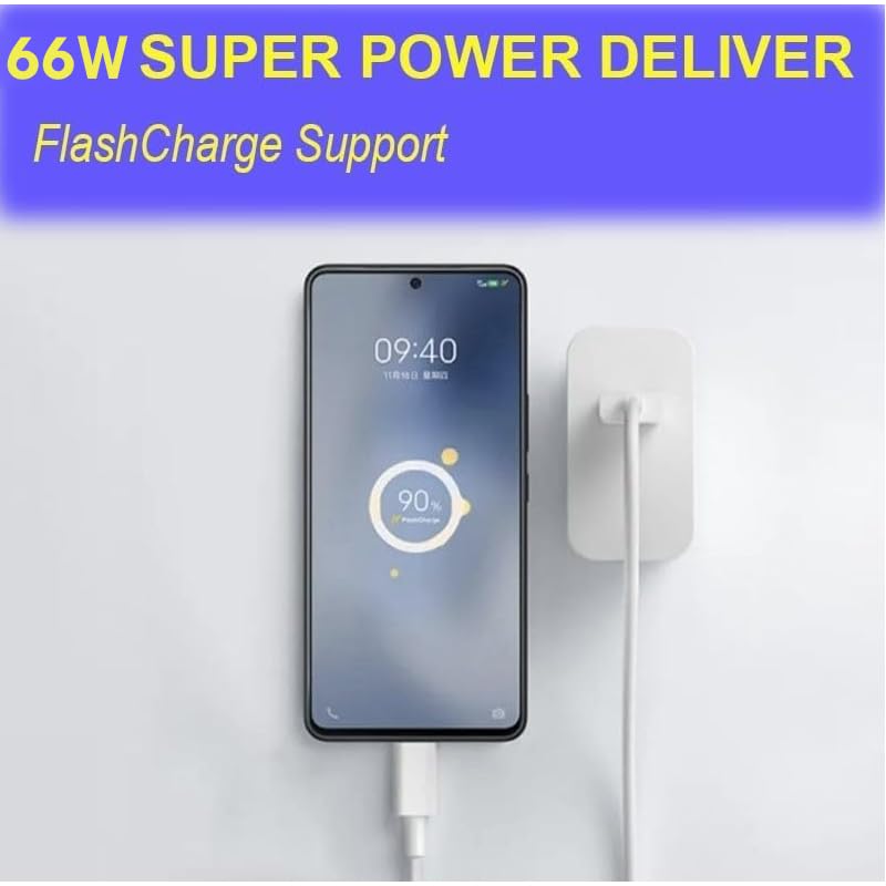 Image of 66W Flash Type C Charger Adapter Compatible with Vivo iQOO Z7s /Z7 Pro 5G /T1 Pro /T2 /T2 Pro /Neo 9 /Neo 9 Pro /V25 /V25e /V25 Pro /V27 /V29 /V29 Pro /V29e /S15e /X70 /X80 /X100 & Others (66W, White)