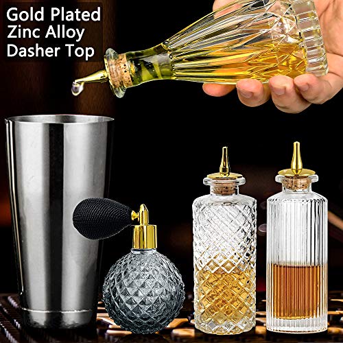 Bitters Bottle 5pcs Glass Dash Bottle Set for Cocktail Vermouth Sprayer Atomizer Gold Plated Zinc Alloy Dasher Top (5pcs)