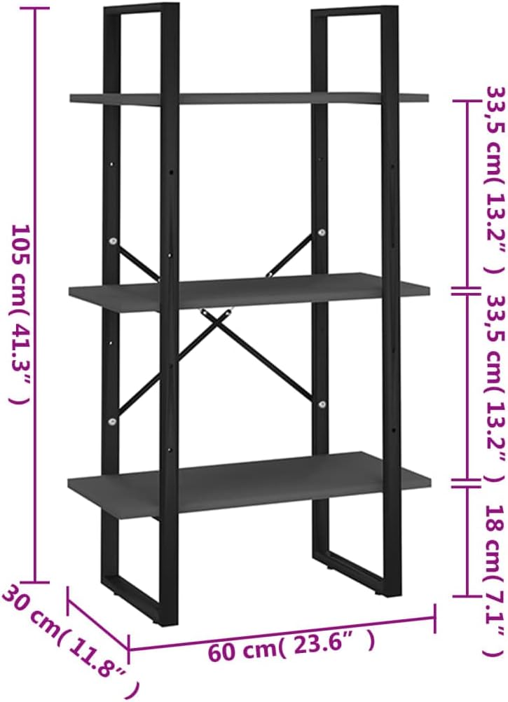 3-Tier Industrial Storage Shelf, Rectangular Grey Metal Display Rack for Living Room, Garage, and Basement Organization, 23.6 x 11.8 x 41.3 Inches