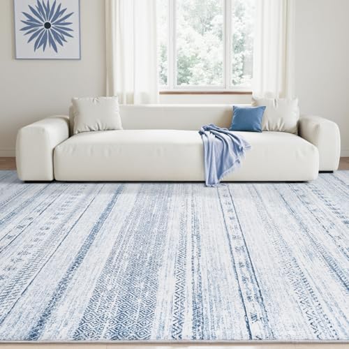 8x10 Area Rugs for Living Room Machine Washable Rug Distressed Indoor Carpet Neutral Moroccan Boho Rug Ultra Soft Area Rug for Bedroom Dining Room Playroom Office, Blue - Image 3