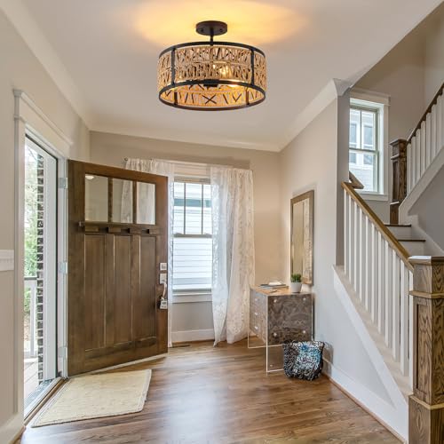Bsyormak 3-Lights Rattan Boho Chandelier For Dining Room Drum Wicker Pendant Light Fixtures Hanging Woven Coastal Ceiling Light For Farmhouse Kitchen Island Living Room Bedroom thumb #1