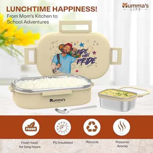 Image of Mumma's LIFE Stainless Steel Tiffin Box with 4 Side Lock Lid, 910 ml and Inner Stainless Steel Container, 135 ml, Food Grade | Air Tight | Easy to Carry | Leak Proof (Mini Kick Lunch Box Yellow)