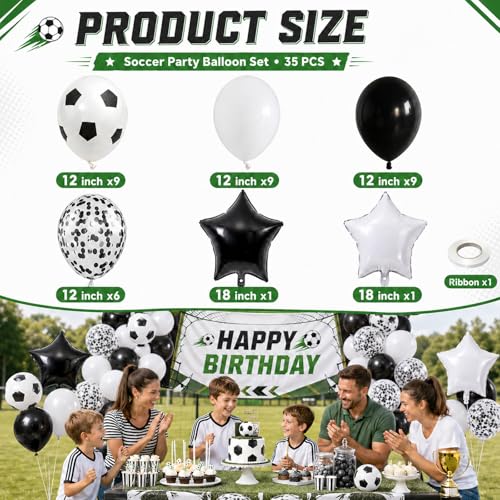 Image of Soccer Balloons, 12Inch Black White Soccer Printed Latex Balloons, 18 Inch Black and White Star Foil Balloon with Confetti Helium Balloon for Sport Football Theme Boy Men Birthday Party Decorations