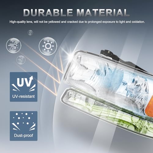 KUIPERAUTO Headlight Assembly Front Lamp Compatible with 1999-2006 GMC Sierra 1500 2500, 2000-2006 GMC Yukon Headlamp w/Bulb Chrome Housing/Clear Lens/Amber Corner by KUIPERAUTO - Image 3
