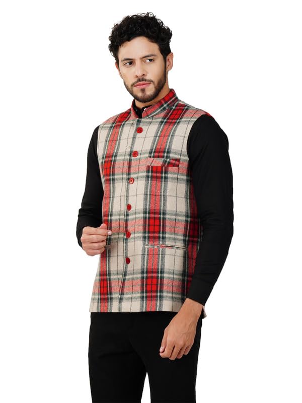 Image of Vastraa Fusion Men's Blue & Grey Chequered Woolen Blended Festive Nehru Jacket /Waistcoat