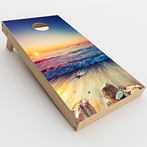 Skin Decals Vinyl Wrap for Cornhole Game Board Bag Toss (2xpcs.) / Beach Tide Water Rocks Sunset