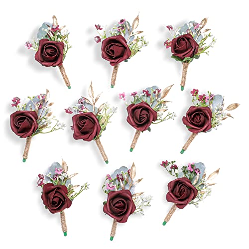 YSUCAU Rose Burgundy Boutonnieres for Men Wedding Groom and Groomsmen Boutonniere for Rustic Fall Vintage Wedding Prom Set of 10