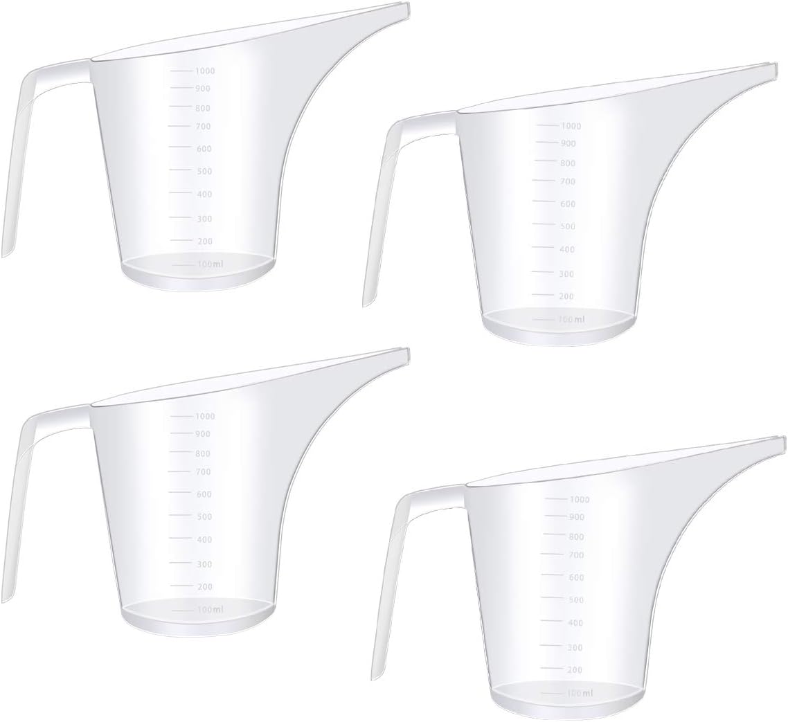 4 Pack Plastic Funnel Pitcher,Large Capacity Long Spout Measuring Cup for Bakeware Molds,Pancake,Batter,Muffin,Cakes,Soap Making(4 Cups/32 Ounces/1000 ml)