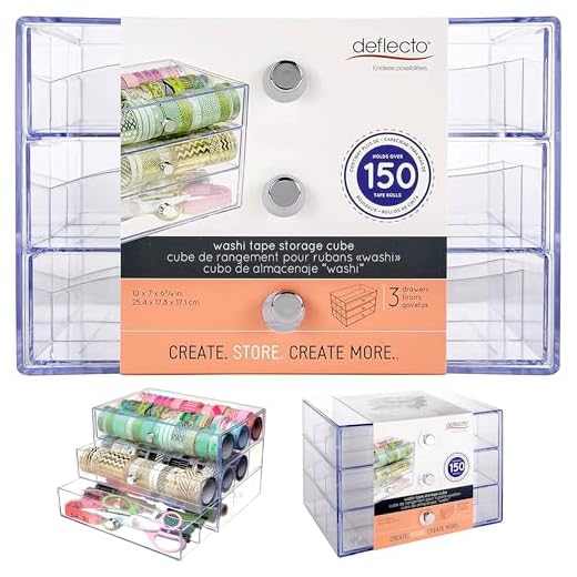 Deflecto | Förvaringslåda för Washi-tejp med 3 lådor | Perfekt transparent förvaringsförvaring, rymmer upp till 150 washiband | 26,7 x 15,7 x 17 cm