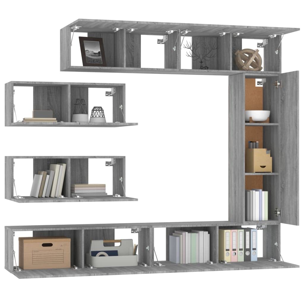 7-TLG. TV-Schrank-Set, Grau Sonoma, Holzwerkstoff, Wandmontage, Modernes Media Center für Wohnzimmer, Schlafzimmer, Viel Stauraum