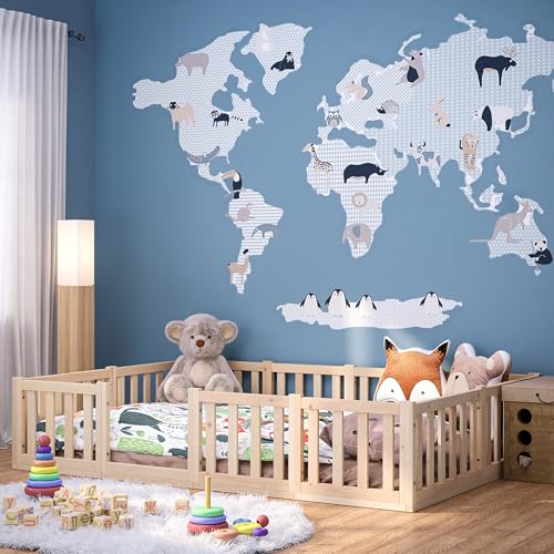 Bellabino Tapi Bett 140x200 cm, Kinderbett mit Rausfallschutz, inklusive Lattenrost, Montessori Bodenbett für Jungen und Mädchen aus Kiefer Massivholz, Natur lackiert, Bed