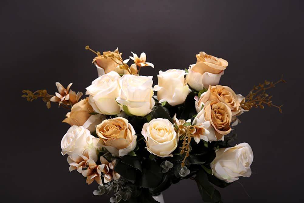 Fiori Artificiali Finti, Rose di Seta con Stelo, Bouquet per Matrimoni, Feste e Decorazioni per la casa. Composizione con 6 Rose e 3 boccioli.