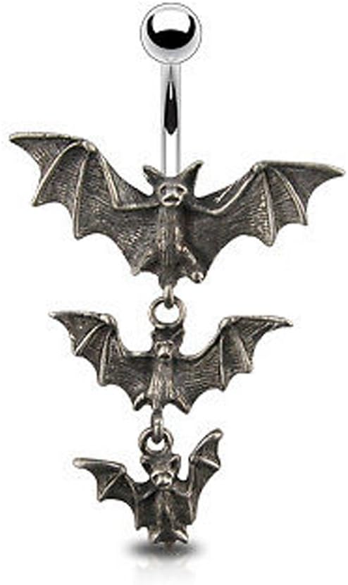 Gekko Body JewellerySurgical Steel 1.6mm (14 Gauge) Belly Bar with Gothic Tri-Vampire Bats Dangle