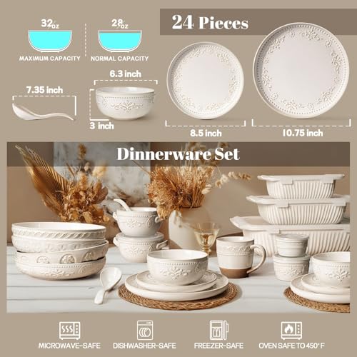 Artena Plates And Bowls Sets, 24 Pieces Dinnerware Sets, Dish Set For 6, Ceramic Kitchen Bowl And Plate Set, Embossed White Dishware Sets, Dishwasher & Microwave Safe (Damask Floral) by Artena - Used condition - Image 2