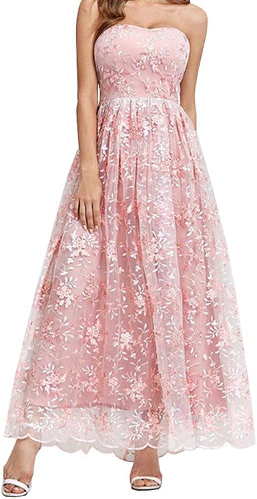 MARGOUN Elegant Party Strapless Maxi Dress Fashion, Vintage Lace Floral Embroidery, Pink, A-Line Fairy Dress M2232