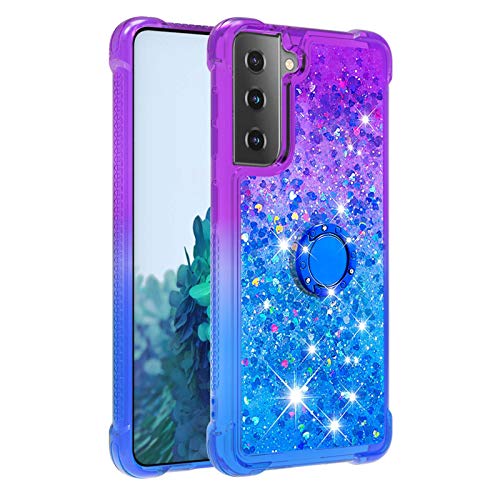 Samsung Galaxy S22 Plus Case with Ring Kickstand, Cute Glitter Bling Sparkle Quicksand Flowing Liquid Clear TPU Gel Silicone ShockProof Phone Cover for Samsung S22 Plus 5G Case Girls, Purple & Blue
