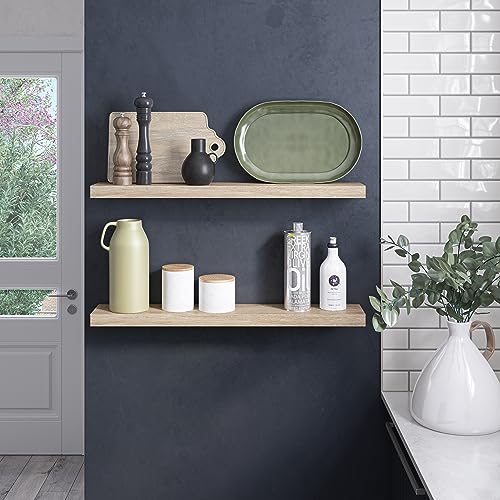 Ballucci Floating Shelves, 36\" Wood Wall Shelf Set of 2, with Invisible Brackets for Bathroom, Living Room, Bedroom, Kitchen, Nursery, 6\" Deep, Oak Finish
