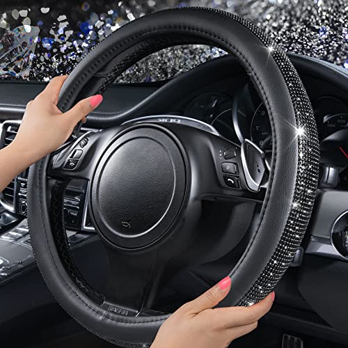 Car Pass Bling Diamond Leather Steering Wheel Cover, With Bling Sparkly Crystal Glitter Rhinestones Universal Fit 14"1/2-15" Car Wheel Protector For Women Girl Fit Suvs,Vans,Sedans,Cars,Trucks, Black #TOP1