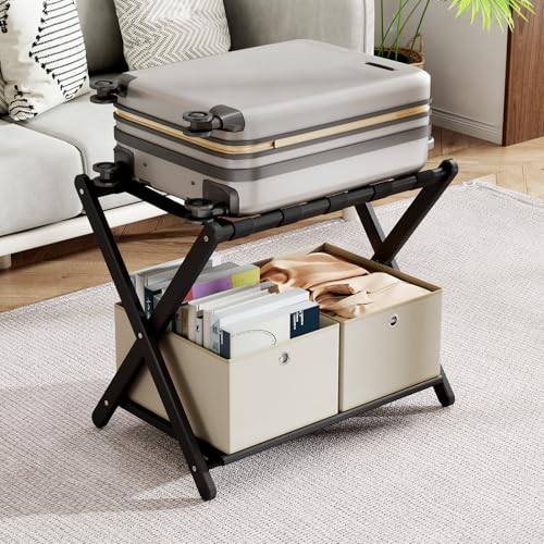 2 Pack Fully Assembled Black Luggage Racks with 4 Storage Boxes, Bamboo 26.77" Foldable Suitcase Stand for Guest Room with 5 Nylon Straps, Luggage Rack Holder with Shelf for Bedroom Hotel
