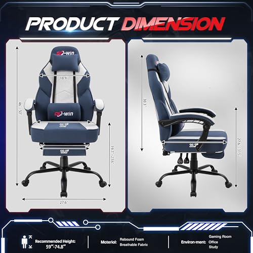 Image of DL-win Video Gaming Chair for Adults, Computer Chair with Footrest and Ergonomic High Back, Big and Tall Gamer Chair with Massage Lumbar Support (Light Blue Fabric)