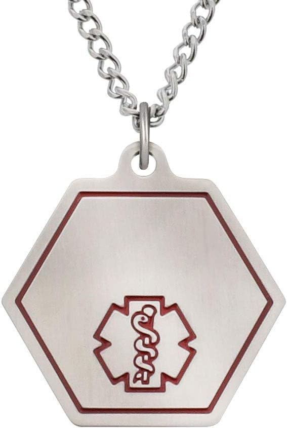 American Medical ID – Classic Alert Necklace, Stainless Steel Identification Tags with Engraved Pendant, Alert Emergency Personnel to Allergies or Medications, Free Engraving