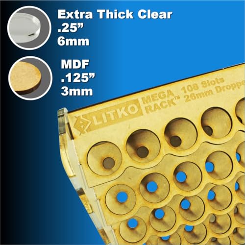 Image of Paint Rack | Holds 108 18mL Dropper Bottles | Wall Mount | Workbench | Fits Vallejo, Army Painter, & 26mm paints | 24x12x4in acrylic & MDF | Store bottles upright or inverted | No-glue tab-&-slot