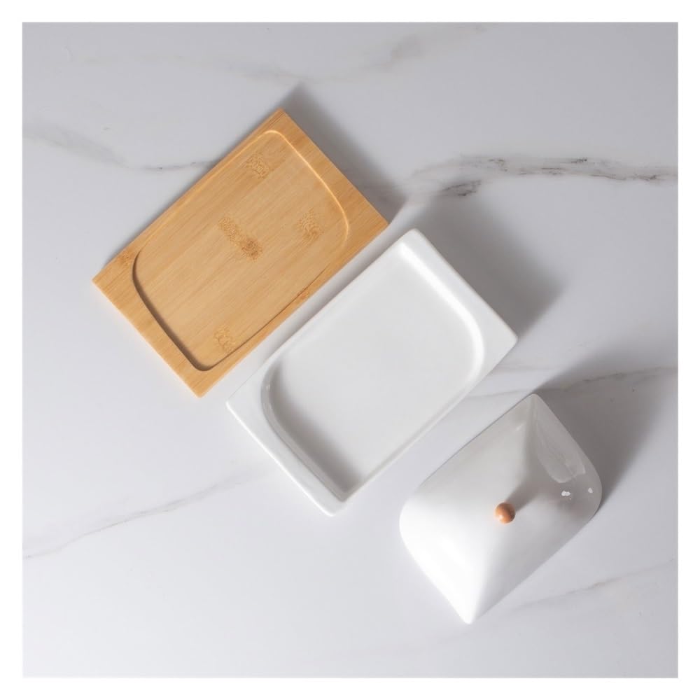 recipiente para mantequilla, Mantequillera de cerámica rectangular con tapa y base madera