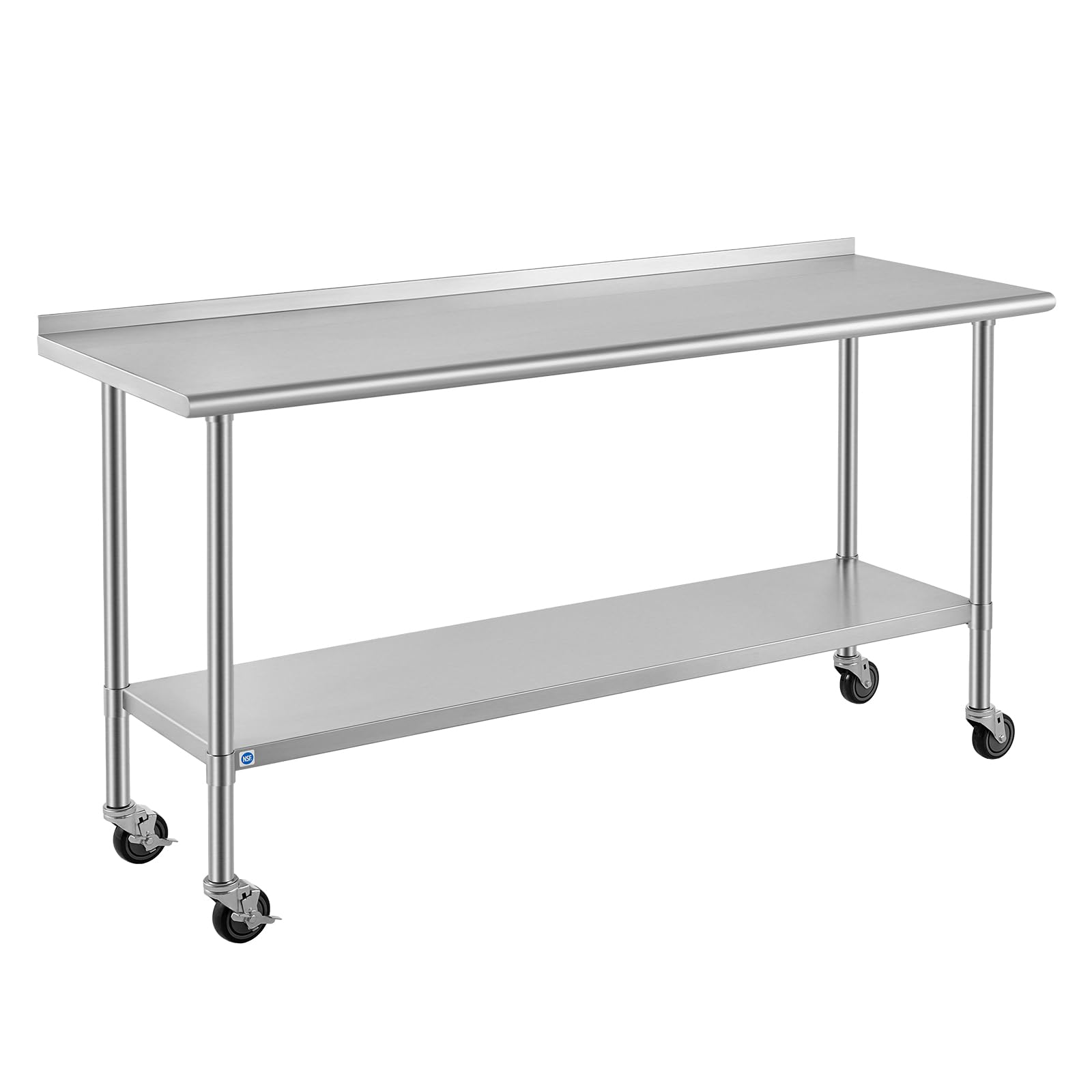 ROCKPOINT All Stainless Steel Prep Table with Caster &amp; Backsplash 24x72 Inch，Commercial Heavy Duty Workbench with Stainless Legs &amp; Adjustable Undershelf,890 lb Capacity for Outdoor Kitchens with Wheel