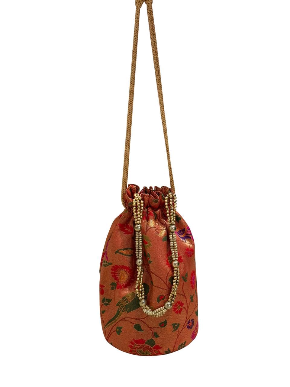 Traditional Silk Batwa Potli Bag | Ethnic Bird Motif Wedding Pouch with Beaded Handle & Drawstring Closure-image-35