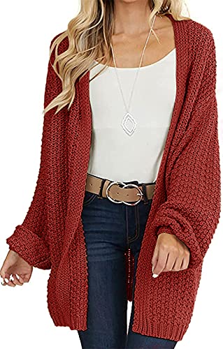 MEROKEETY Women s Open Front Chunky Knit Sweater Oversized Lantern Sleeve Cardigan Outwear Rust