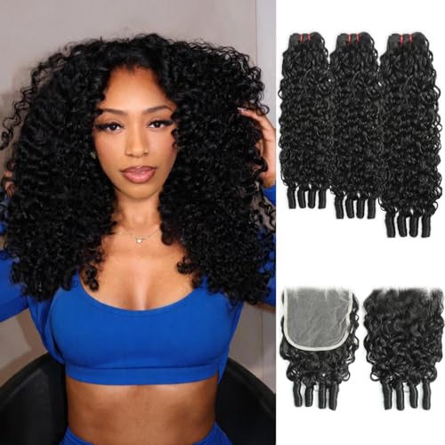 Burmese Curly Bundles Human Hair with Closure 3 Bundles 14 16 18 Inch +12 Inch 5x5 Hd Lace Closure Pre Plucked 3C4A Water Wave with Sprial Curly End Quick Weave Hair Extensions Natural Black