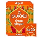 Pukka Herbs | Three Ginger Organic Herbal Tea Box | Digestion-Aiding Infusion With Ginger, Turmeric, And Galangal | Ideal After Meals | Caffeine Free | 4 Packs | 80 Plant Based Biodegradable Tea Bags