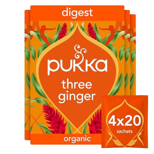 Pukka Herbs | Three Ginger Organic Herbal Tea Box | Digestion-Aiding Infusion With Ginger, Turmeric, And Galangal | Ideal After Meals | Caffeine Free | 4 Packs | 80 Plant Based Biodegradable Tea Bags