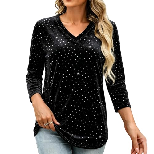 Women Velvet V Neck 3/4 Sleeve Sparkle Dot Tunic Top Soft Stretch Shiny Rhinestone Blouse, Dressy Casual Shirt for Holiday Night Out Event Black - image 2