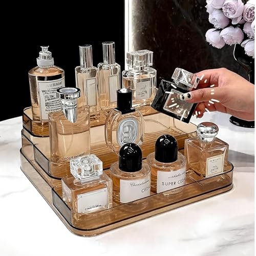 3 Tier Acrylic Display Stand Perfume Organiser Stand Cologne Trinket Display Shelf for Collectibles Craft Fairs Makeup Pop Figures Jewelry Cupcake Display Risers Stand Holder Brown
