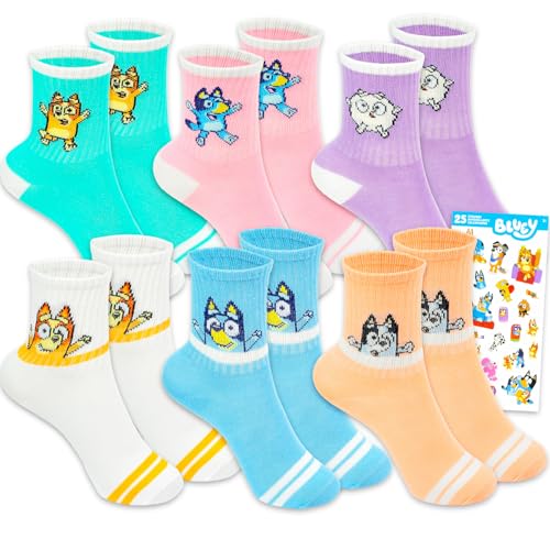 Bluey Socks for Kids Set - Bundle with 6 Pairs of Crew Socks Plus Stickers | Bluey Apparel for Girls Kids (US Age 6 8)