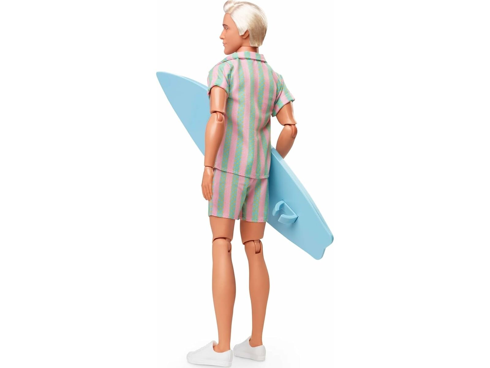 Barbie Il Film - Ken Giorno Perfetto, bambola con completo da spiaggia a righe rosa e verde pastello, tavola da surf e sneaker bianche incluse, giocattolo per bambini, 3+ anni, JBJ54