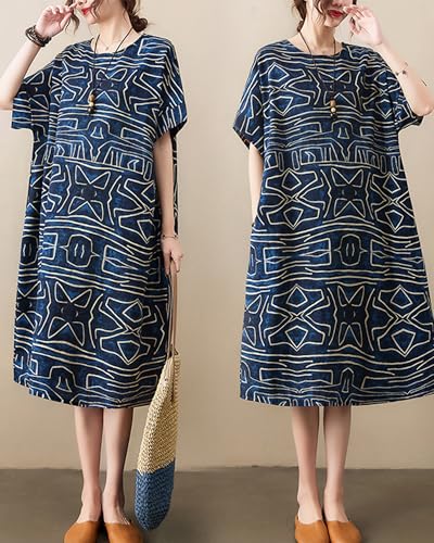 Image of LUZU JUNU Women's Summer Baggy Plus Size Loose Cotton Linen Long Boho Beach Dress with Pockets