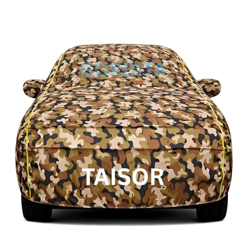 Image of Waterproof Car Body Cover for thasor All Weather Protection Comes with Inner Cotton Lining & Triple Stitched with Mirror & Antenna Pocket Belt & Elastic Fit Army with Yellow Piping2