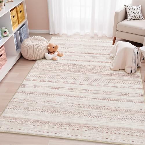 4x6 Pink Area Rugs for Living Room Machine Washable Rug Distressed Girls Nursery Rug Indoor Carpet Neutral Moroccan Boho Rug Ultra Soft Area Rug for Bedroom Dining Room Playroom Office Pink