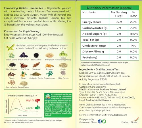 Image of Diabliss Herbal Wellness Lemon Tea - Low GI Instant Tea with 17 Herbs & Spices | Natural Lemon Flavour | Glucose-Friendly Drink for Daily Wellness | Trusted by Consumers in 3 Continents | 10g Sachet Box - Pack of 4