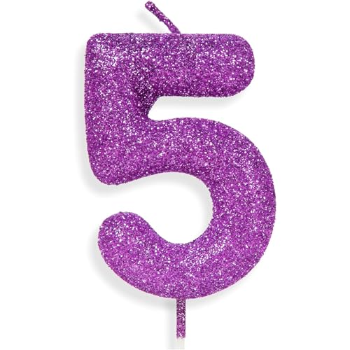 Zolunu Purple Pink Birthday Candle Number 5, Glitter Birthday Candle Cake Toppers for Girls Women Purple Pink Themed Party Decorations Supplies Birthday Gifts