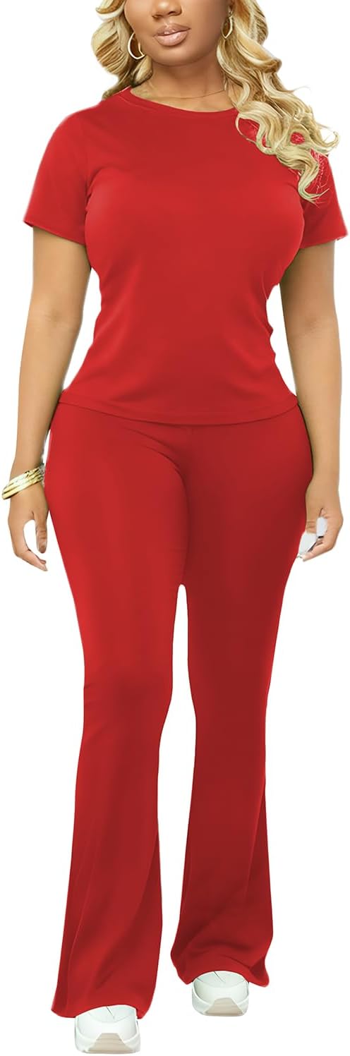 Ulovmi Women'S 2 Piece Outfit Short Sleeve Crew Neck Top Flared Pants Set Slim Fit Casual Tracksuit Lounge Sets