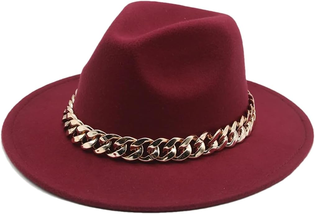 Fedora Hats Women Men Wide Brim Thick Gold Chain Band Felted Hat Jazz Cap Panama Hat Wine red 60-62cm(XL)