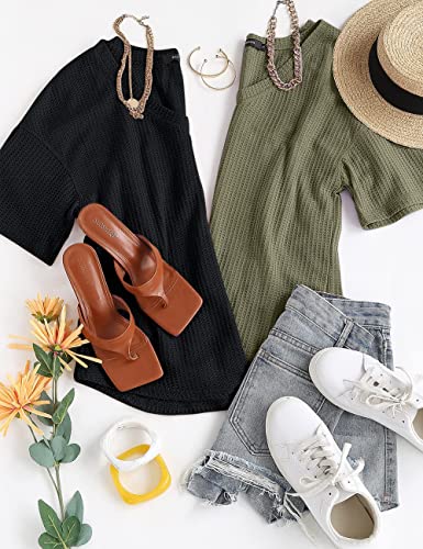 Merokeety Women's V Neck Batwing Half Sleeve Shirts Waffle Knit Loose Blouse Solid Color Tops Black #TOP6