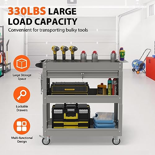 Image of 3 Tier Heavy Duty Rolling Tool Cart with Drawers, Large Storage Utility Cart on Wheels for Garage, Warehouse, Repair Shop (Gray)