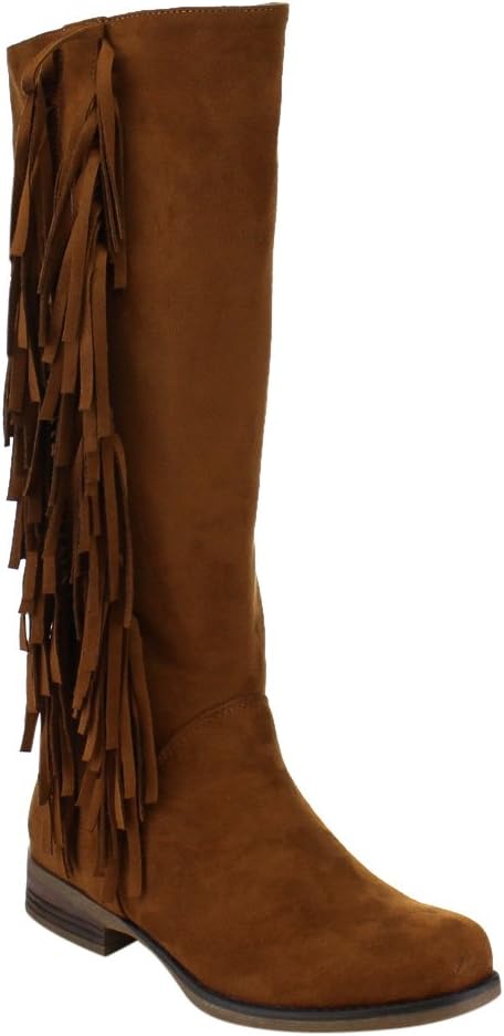 VIA PINKY ED89 Women's Side Fringe Stacked Low Heel Knee High Boots, Color:CAMEL, Size:6